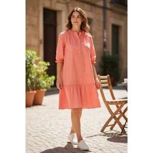 Caryn Lawn Coral Orange Ruffle Neck Tiered Midi Dress Cotton One Size